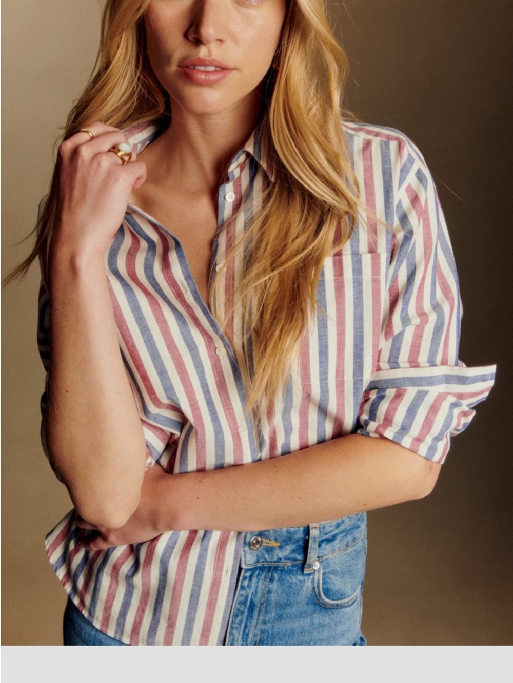Sézane Striped Button-Down Shirt in Blue, Red & White